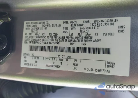 2020 Ford F150 Supercrew z USA, uszkodzony, nr VIN 1FTEW1CP0LFC70656